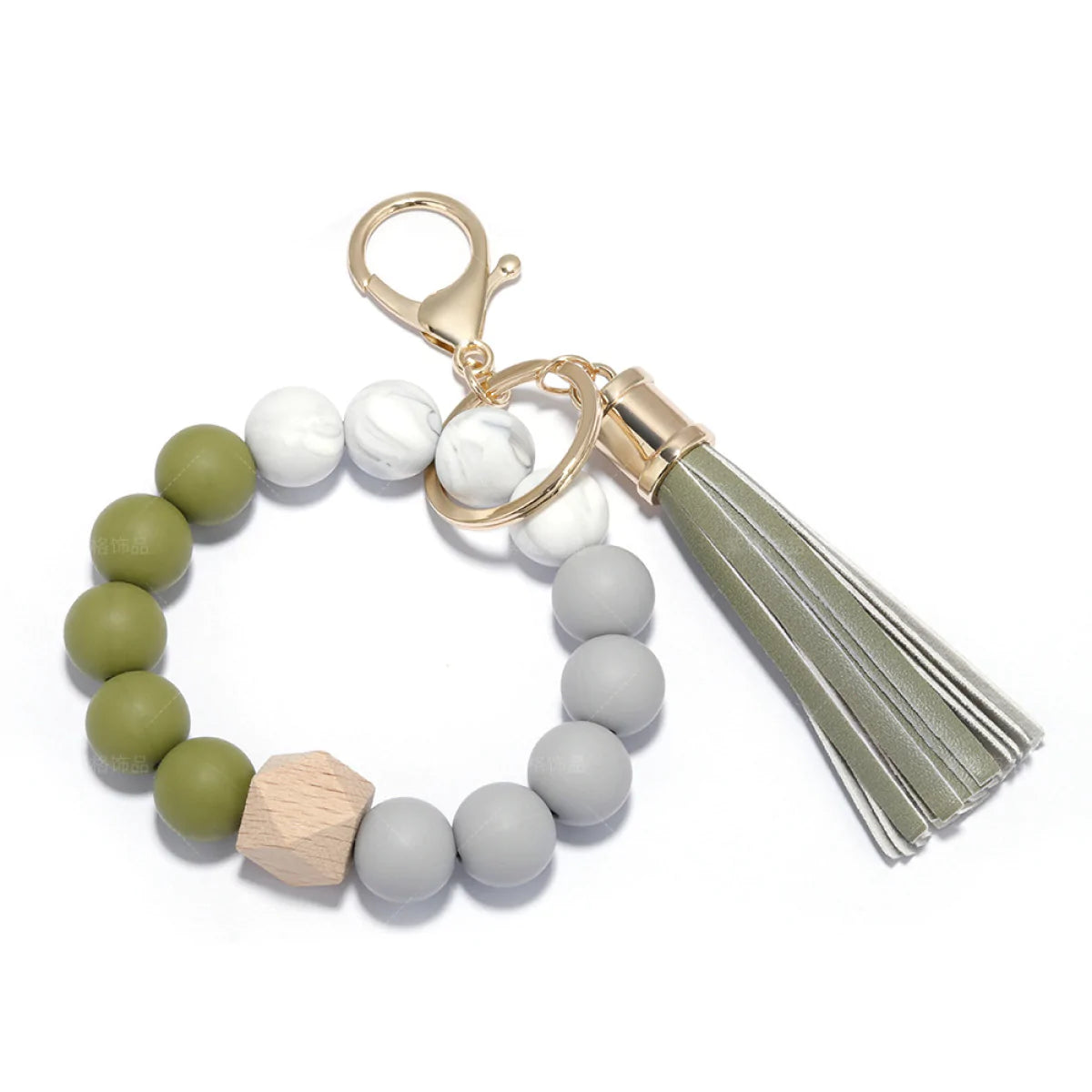 Colorblock Beaded Bracelet with Tassel Keychain