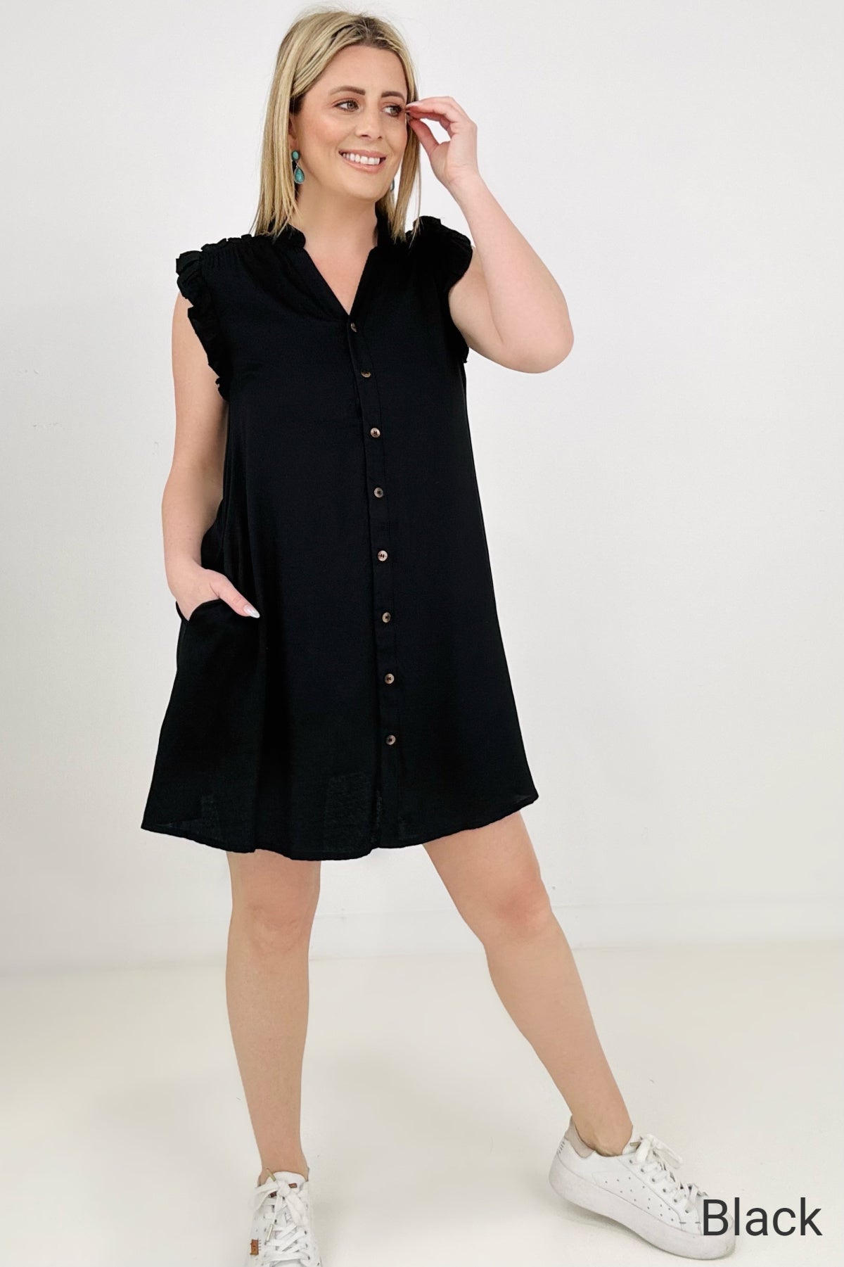 Cozy Co Refreshing V-Neck Button Down Mini Dress with Ruffle Sleeves