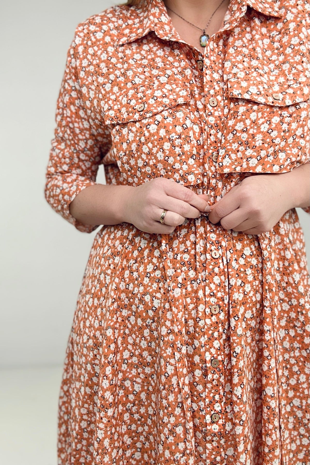 Easel Floral Printed Button Down Shirt Dress