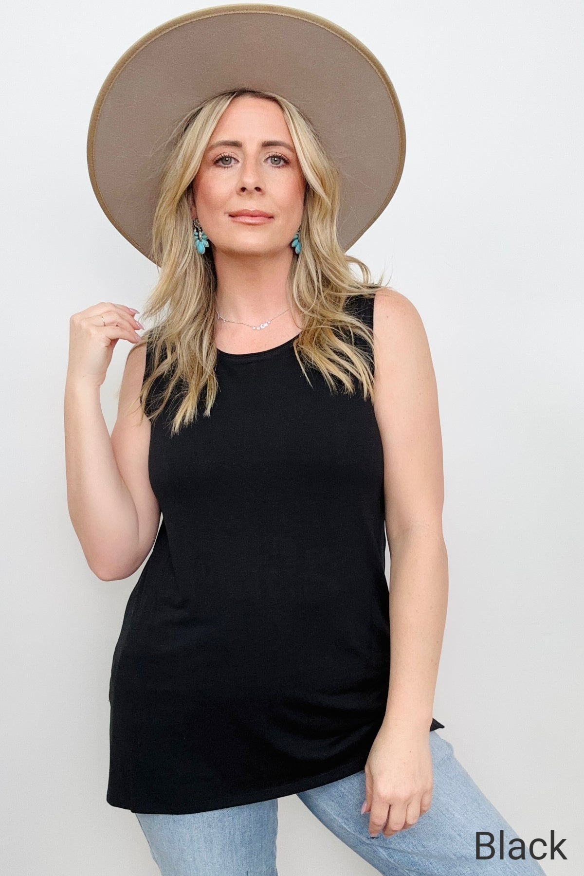Zenana Solid Round Neck Sleeveless Side Slit Top