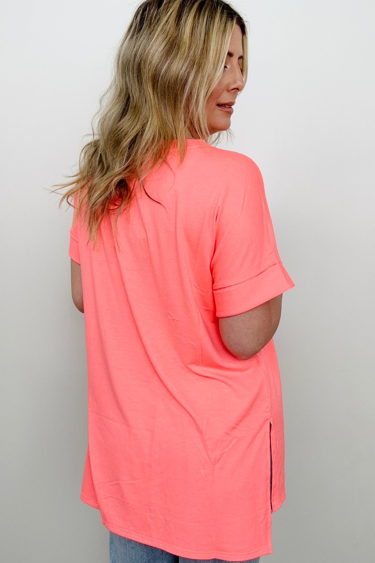 Zenana Cuffed Sleeve Side Slit High-Low Hem T-Shirt