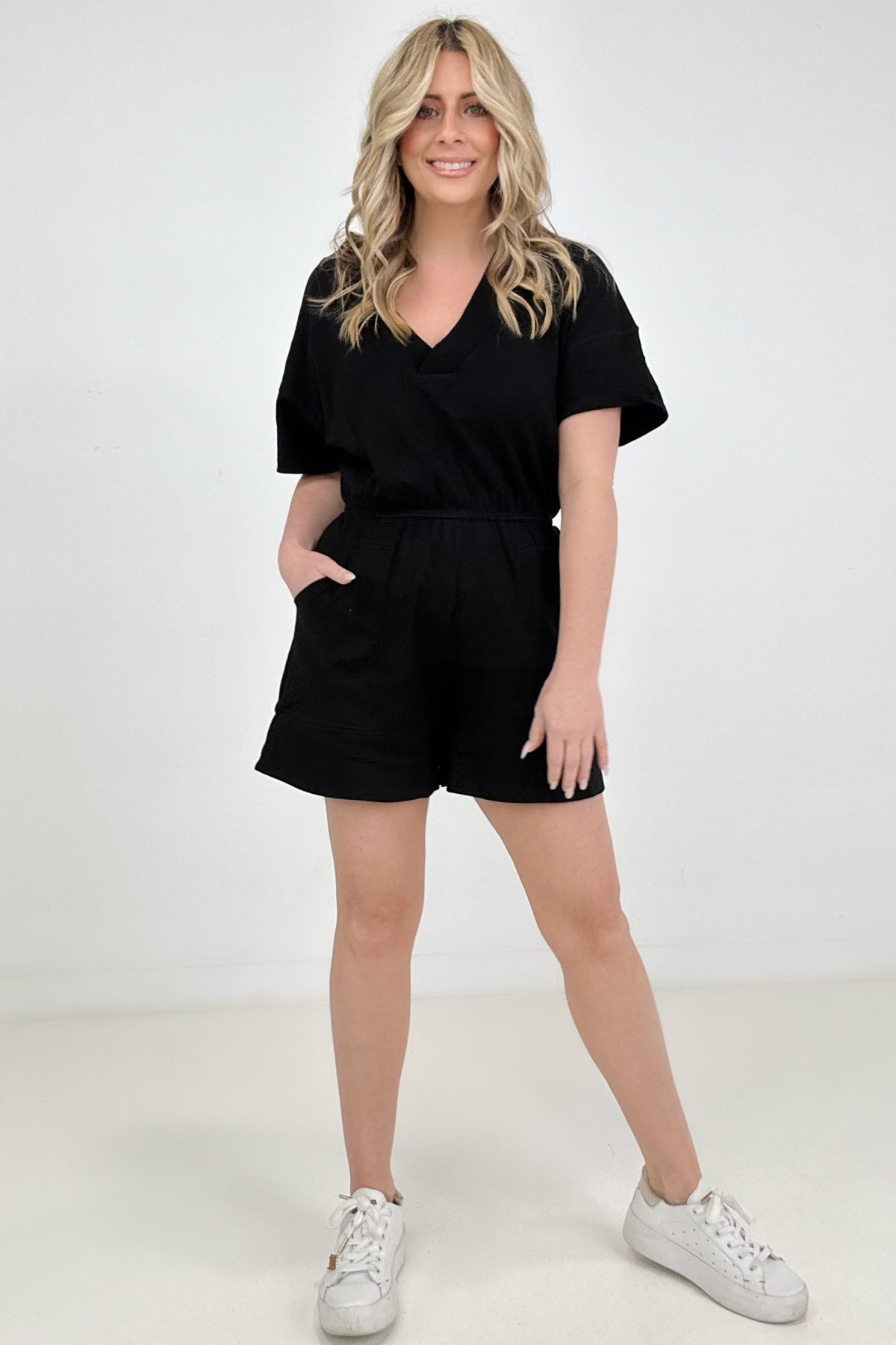Zenana Drop Shoulder V-Neck Romper With Pockets