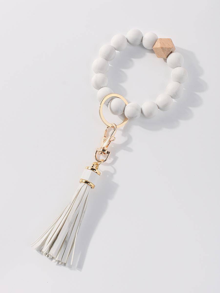 Solid Beaded Bracelet With Tassel Keychain