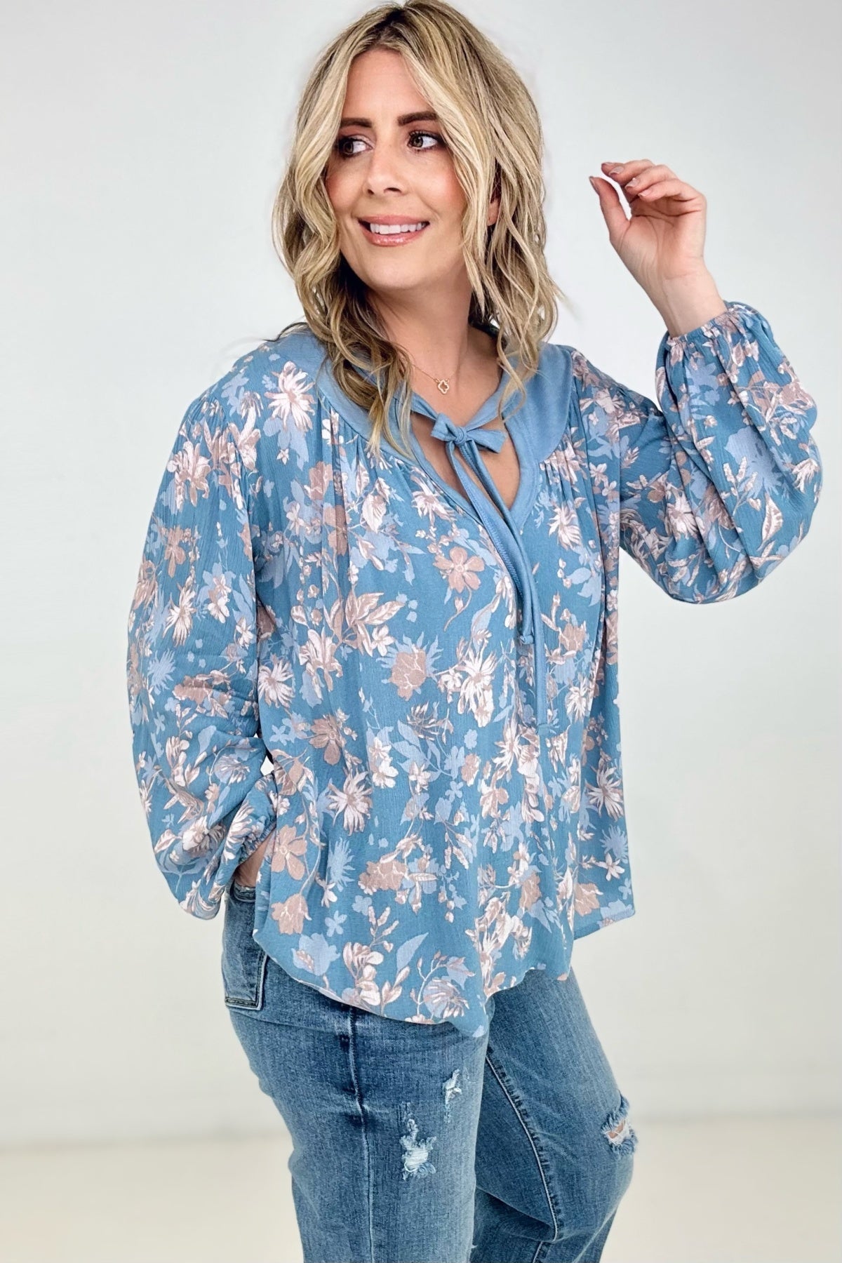 BiBi Floral Woven York Tied Neck Long Sleeve Top