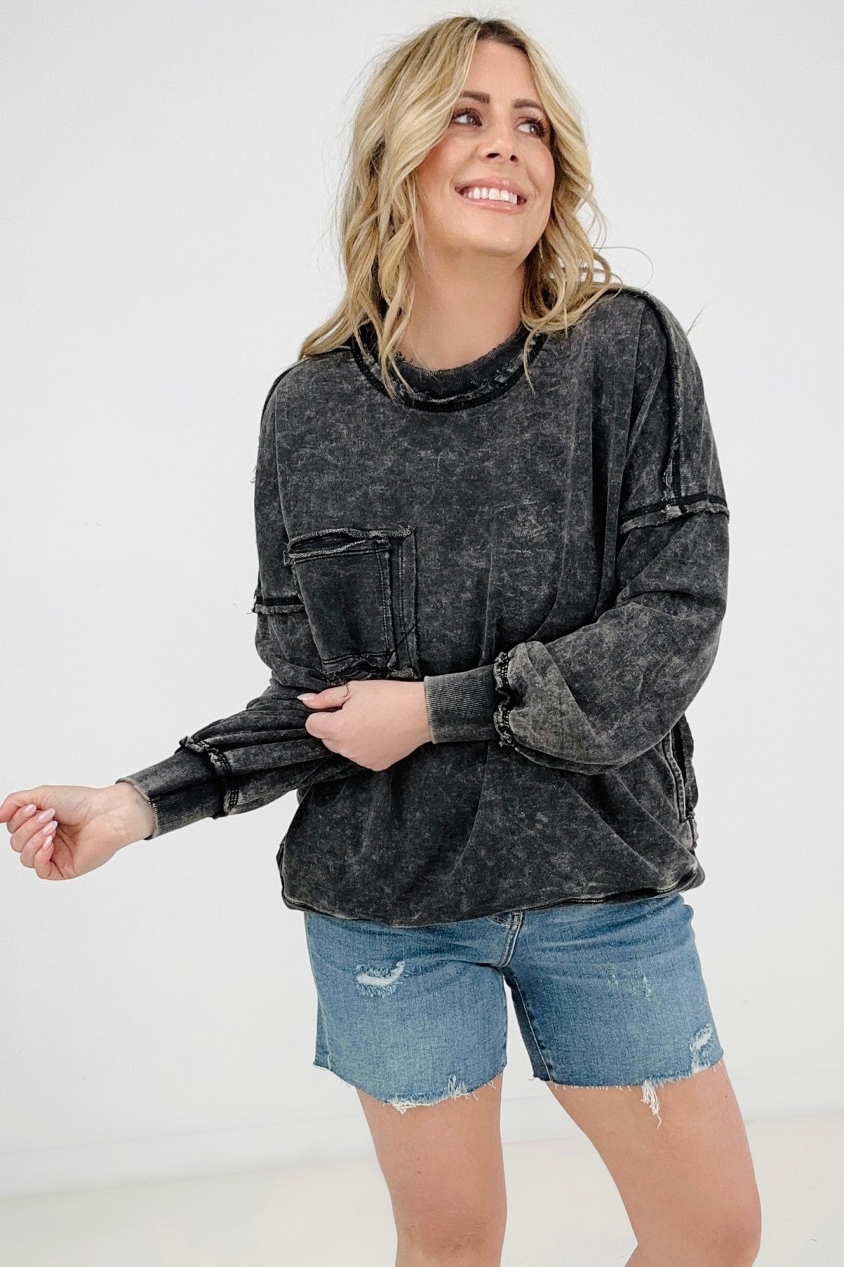 Zenana Acid Wash Raw Edge Front Pocket Pullover