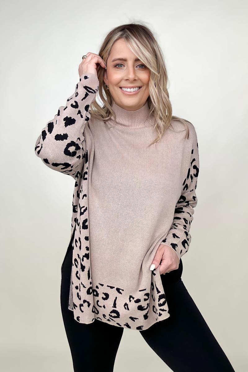 Khaki Leopard Mock Neck Dolman Sweater