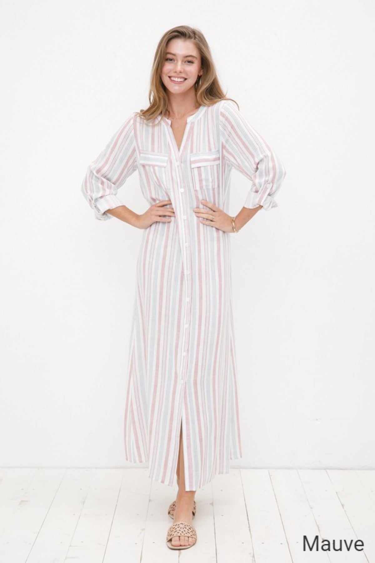 Cozy Co Long Sleeve Striped Button Down Maxi Dress