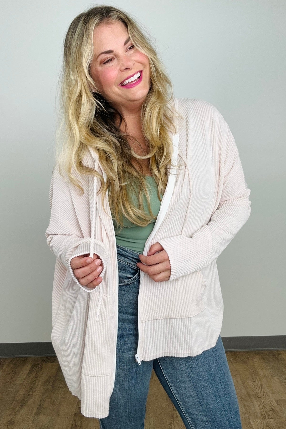 Blumin Solid Ribbed Zip Up Hoodie Jacket