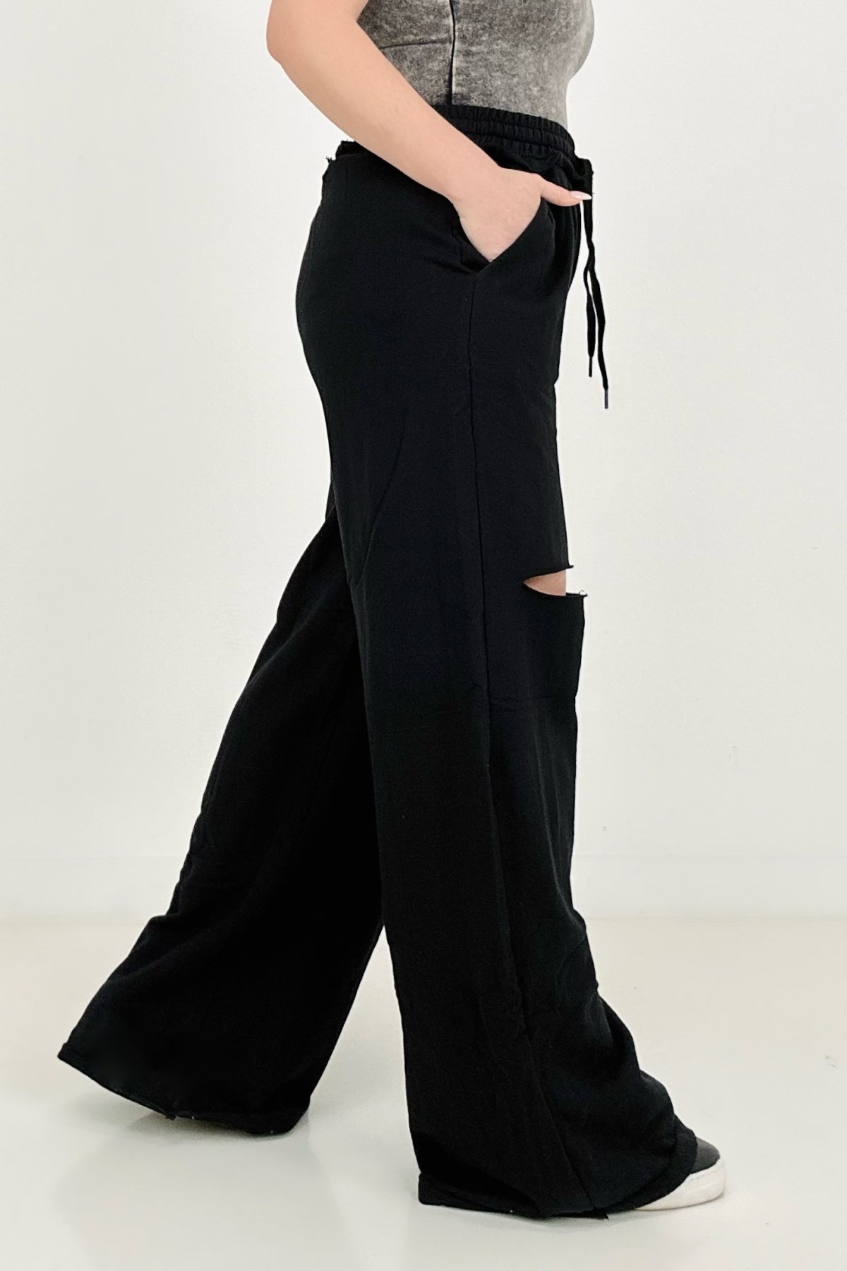 Zenana French Terry Laser Cut Pants With Pockets