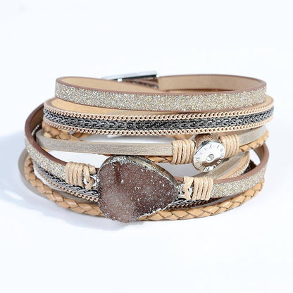 Boho Crystal Leather Wrap Bracelet With Magnetic Clasp