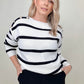 White and Black Stripe Sweater With Pearl Button Detail