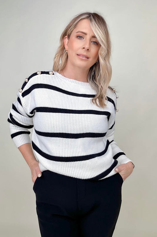 White and Black Stripe Sweater With Pearl Button Detail