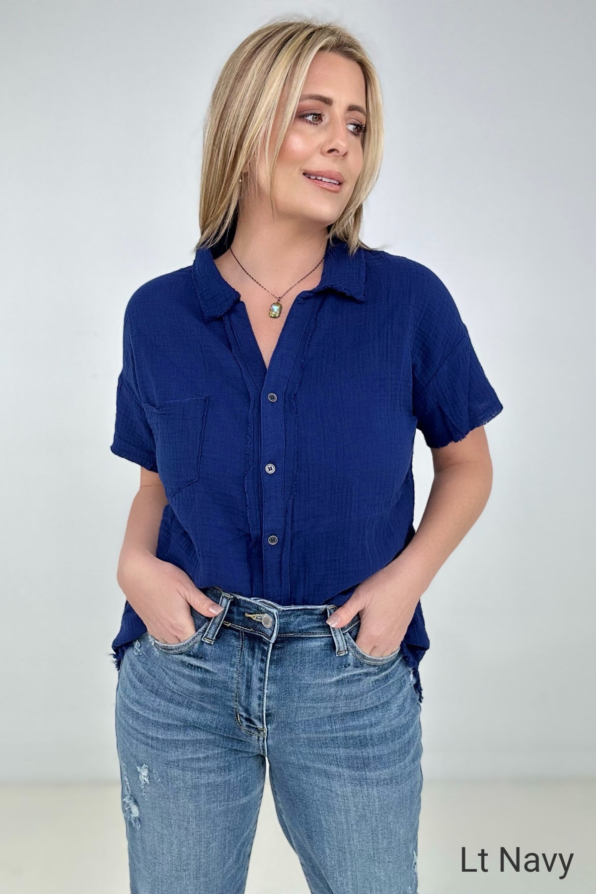 Zenana "April" Gauze Button Down Raw Edge Short Sleeve Top