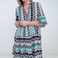 Easel "Reva" Bell Sleeve Boho Print Dress