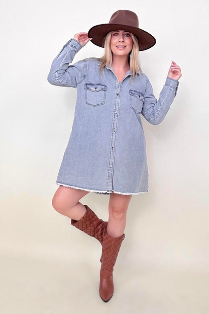 Umgee Chest Pockets Collar Button Down Denim Dress