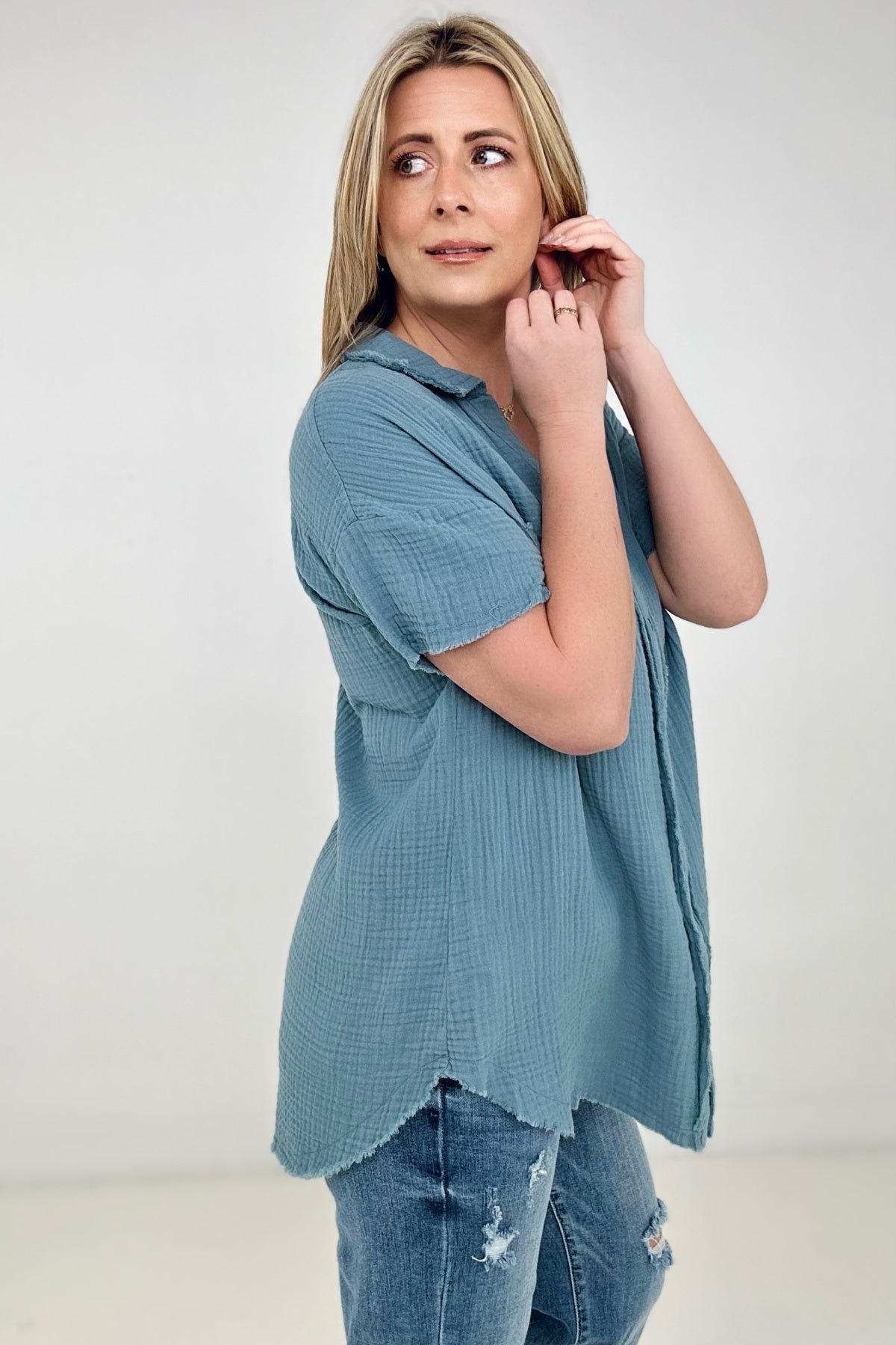 Zenana "April" Gauze Button Down Raw Edge Short Sleeve Top