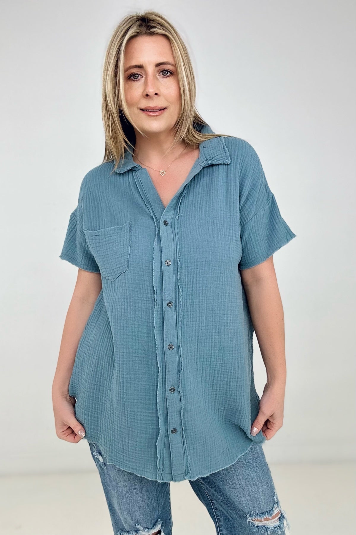 Zenana "April" Gauze Button Down Raw Edge Short Sleeve Top
