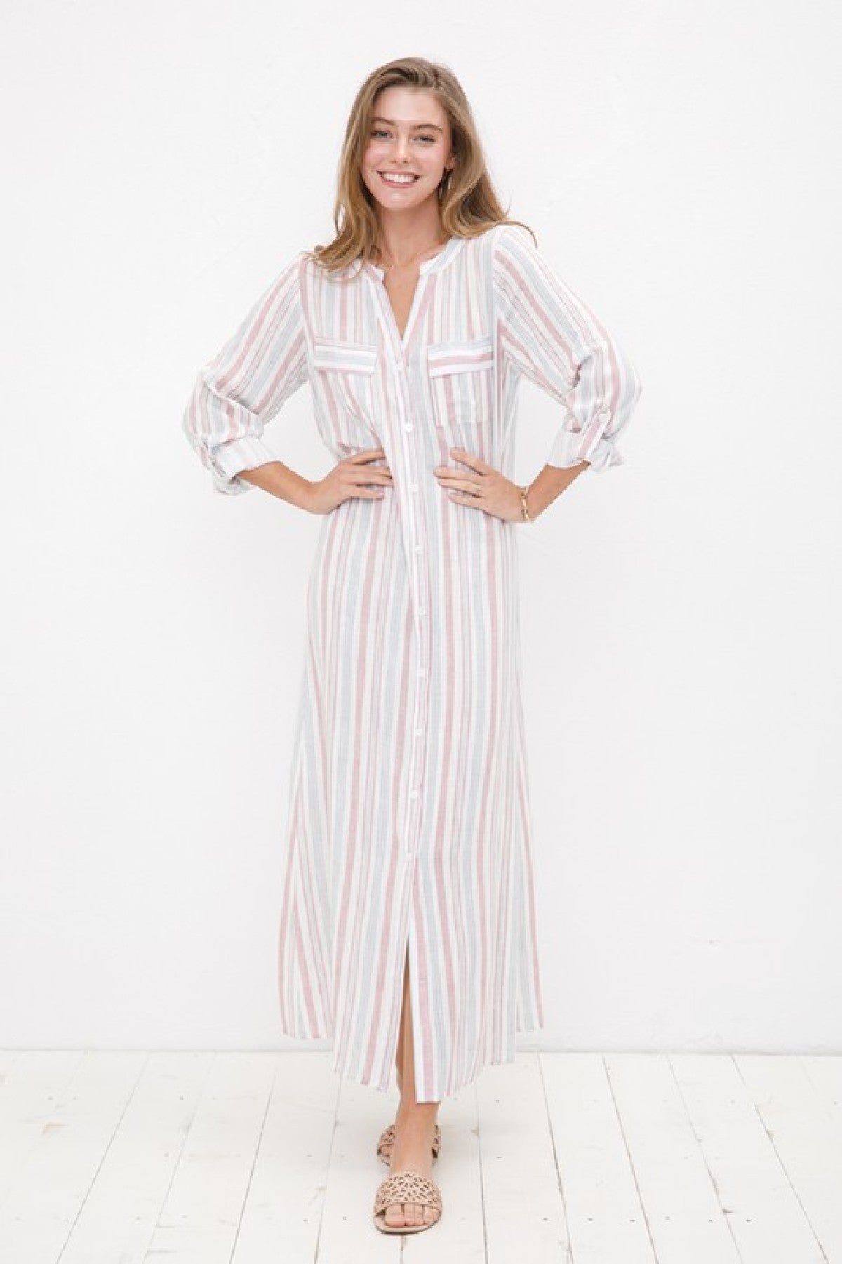 Cozy Co Long Sleeve Striped Button Down Maxi Dress