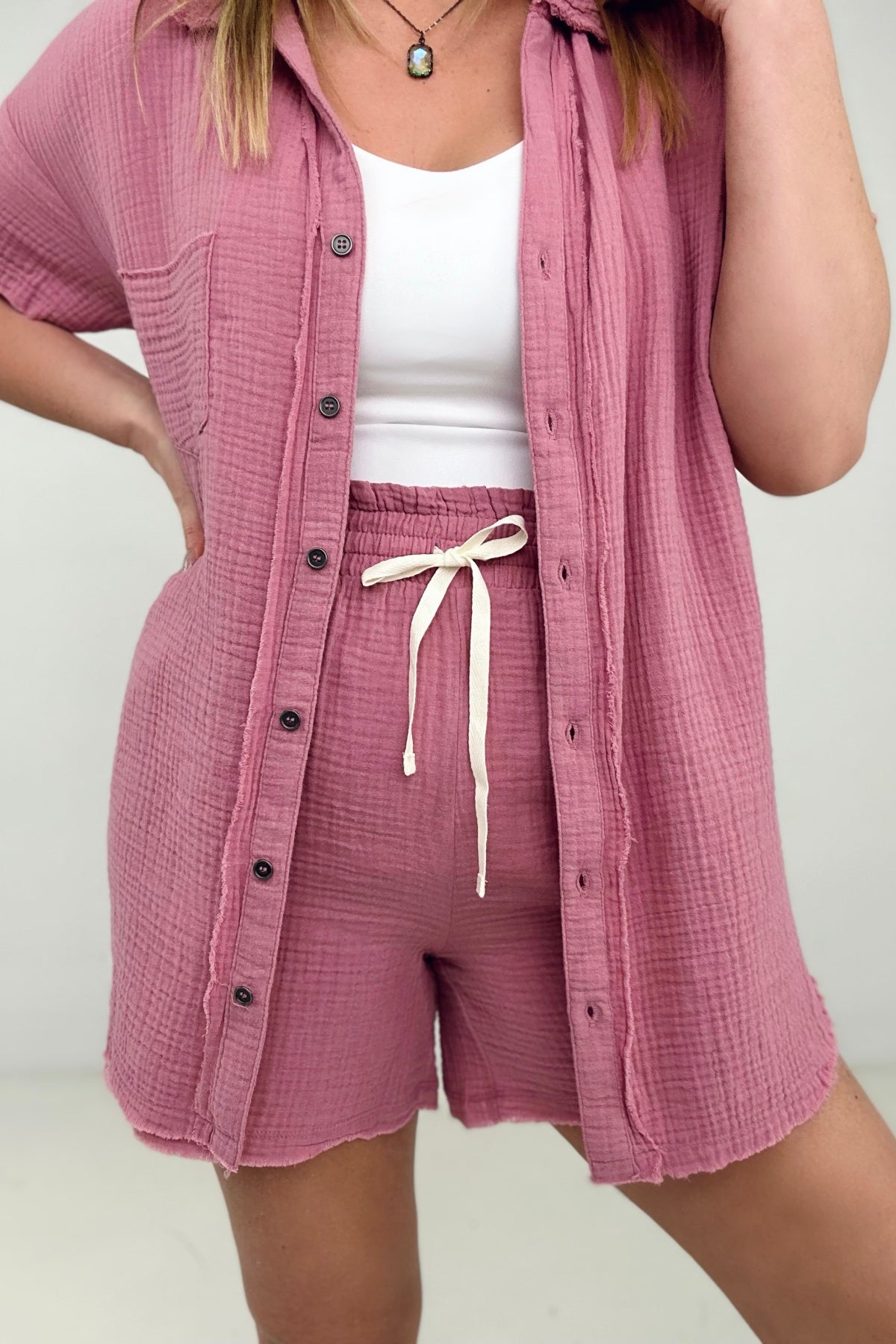 Zenana "April" Gauze Button Down Raw Edge Short Sleeve Top