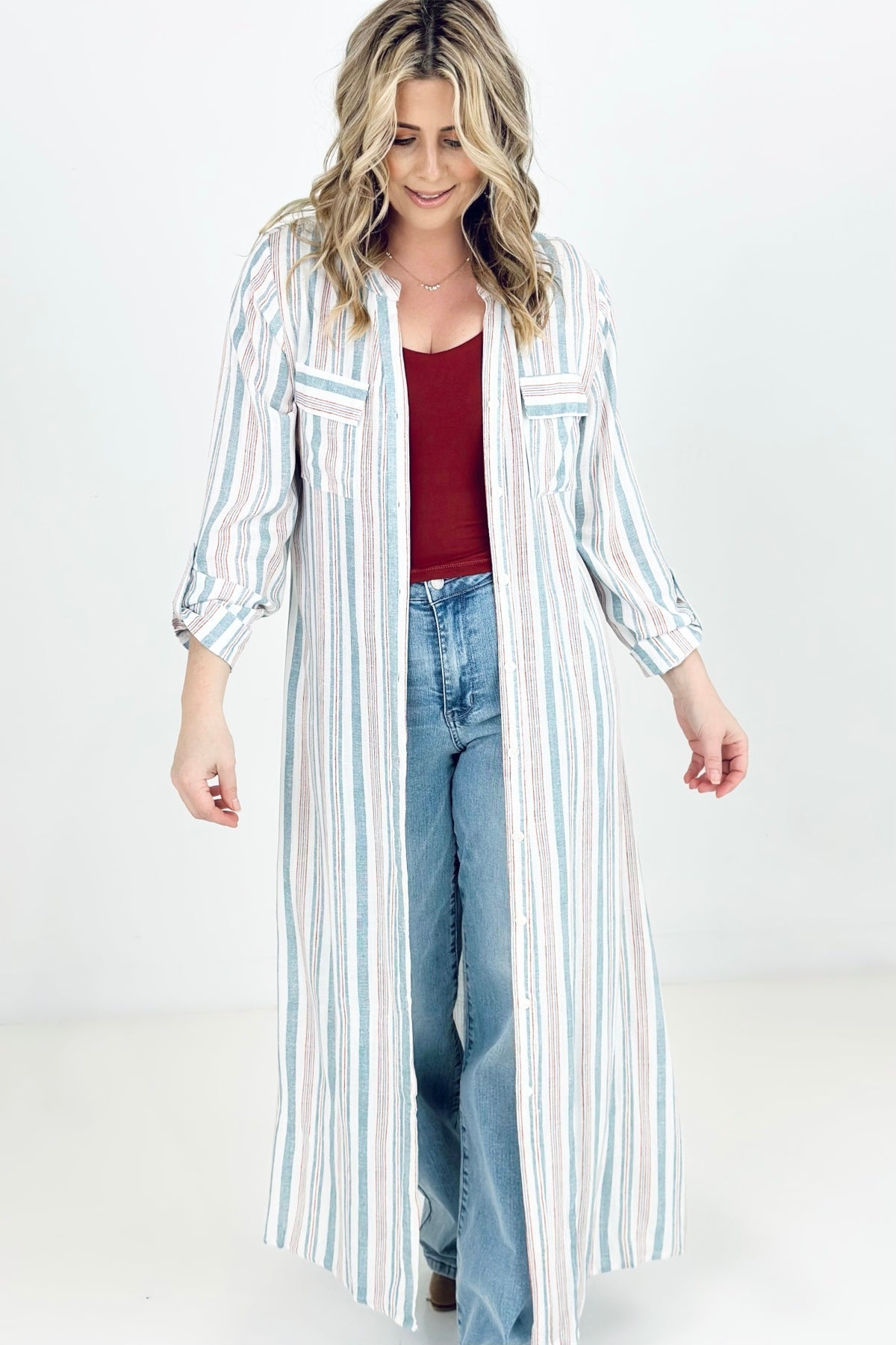Cozy Co Long Sleeve Striped Button Down Maxi Dress