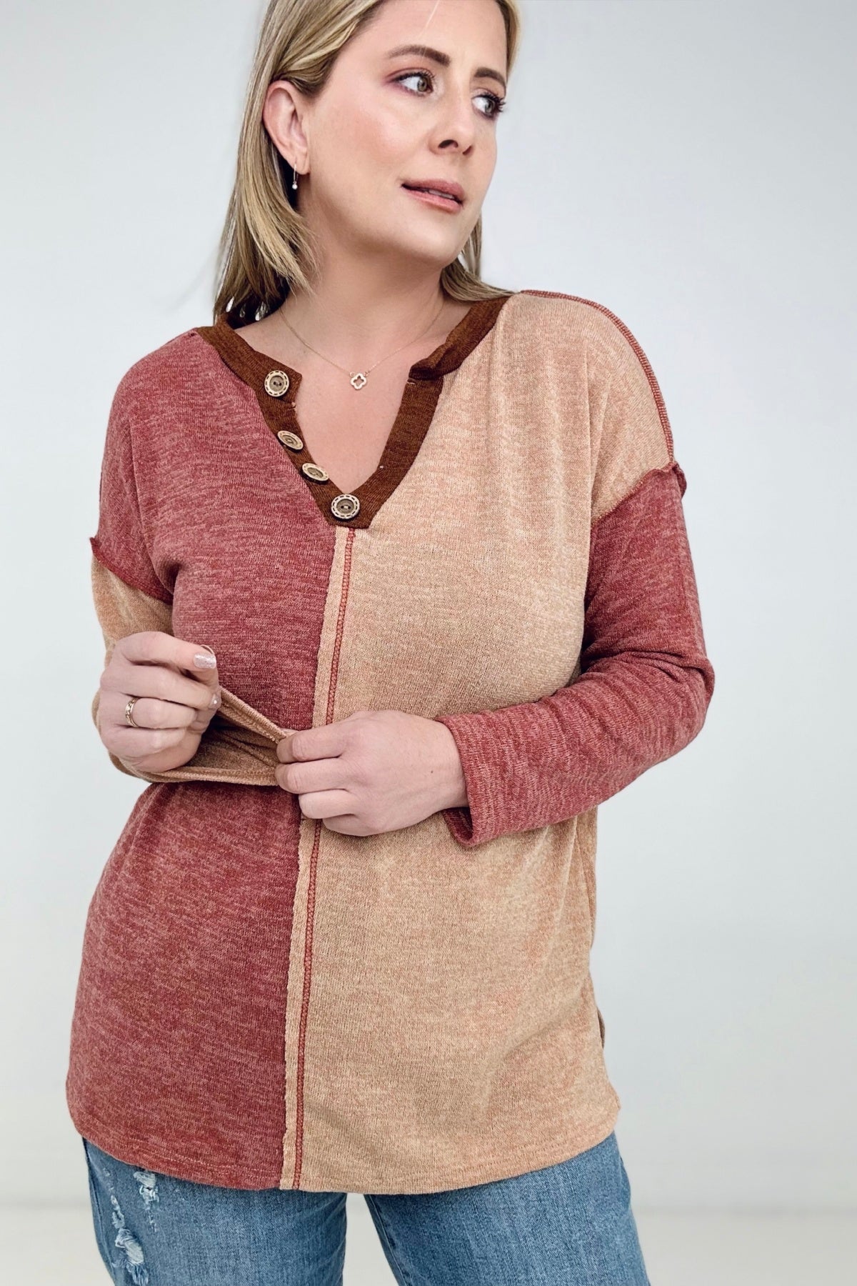 BiBi Mir Sweater Color Block Button With Out Stitching Detailed Top