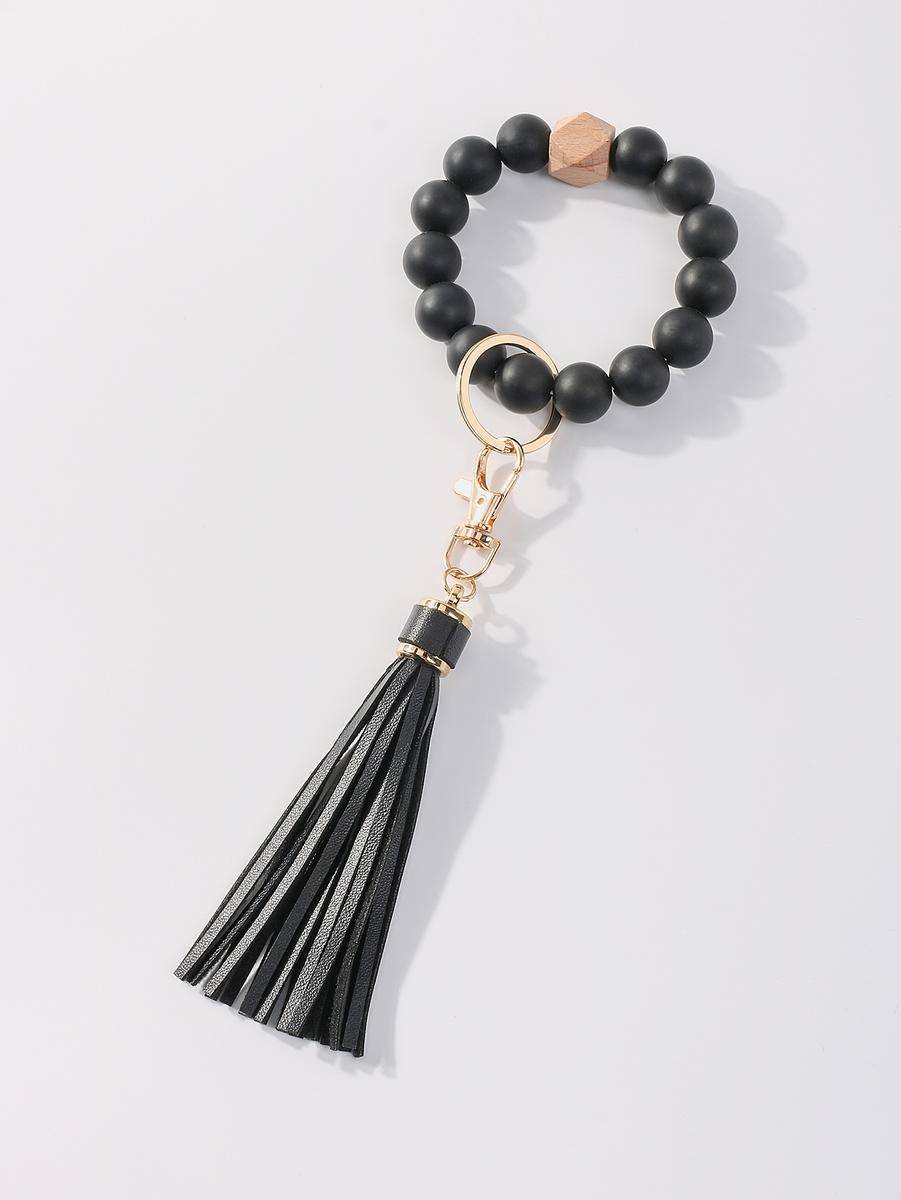 Solid Beaded Bracelet With Tassel Keychain