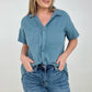 Zenana "April" Gauze Button Down Raw Edge Short Sleeve Top
