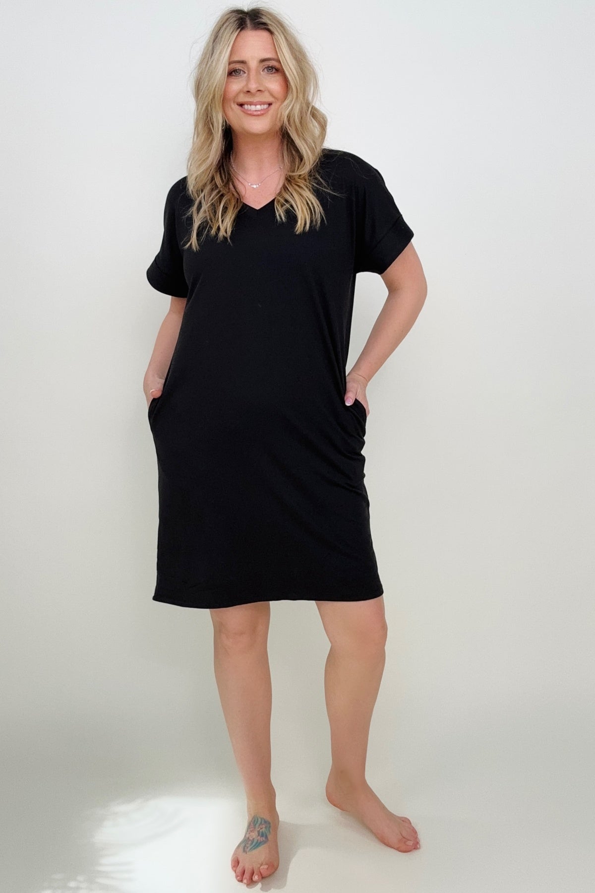 Zenana Brushed DTY Cuffed Short Sleeve V-Neck Dress