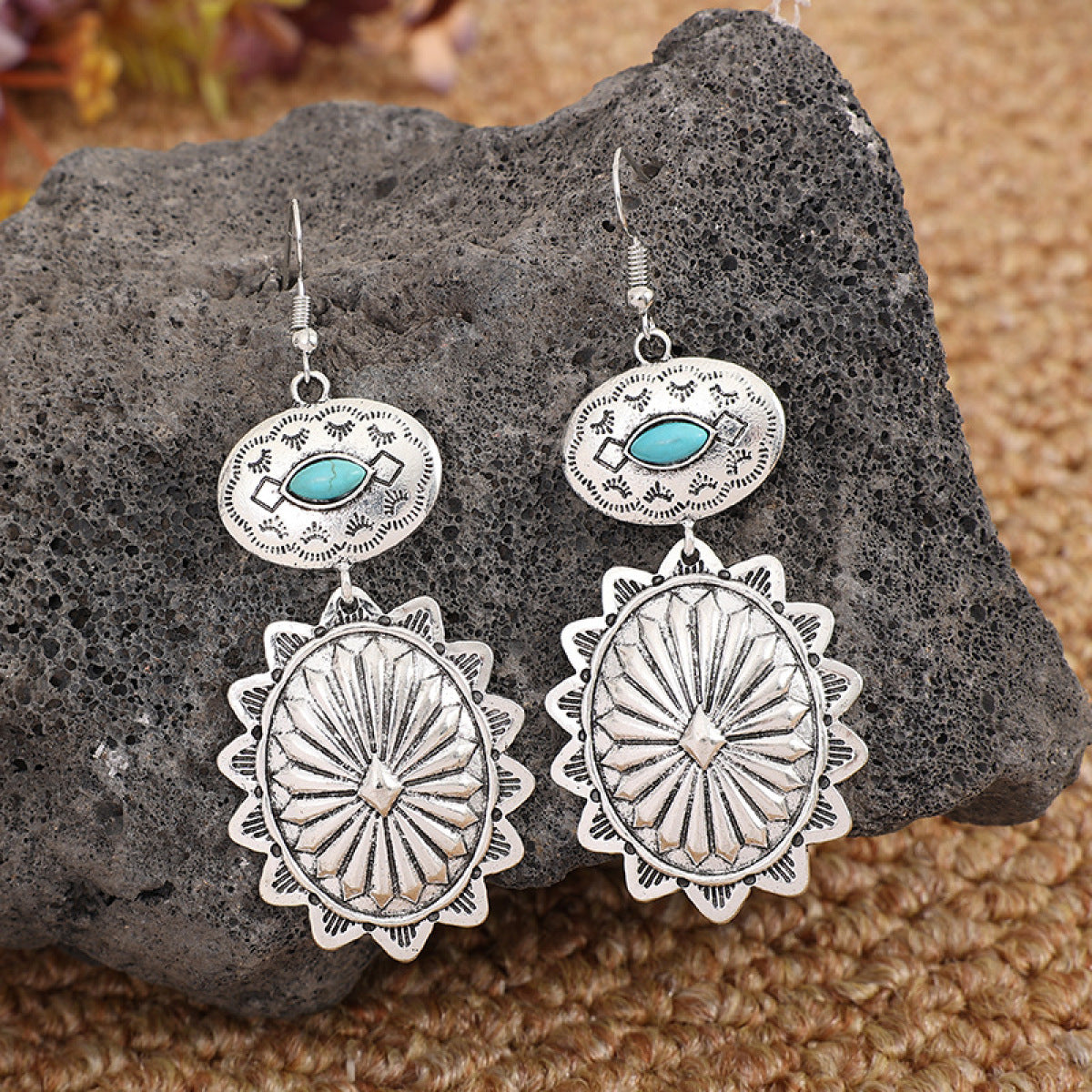 Retro Oval Turquoise Geometric Dangle Earrings