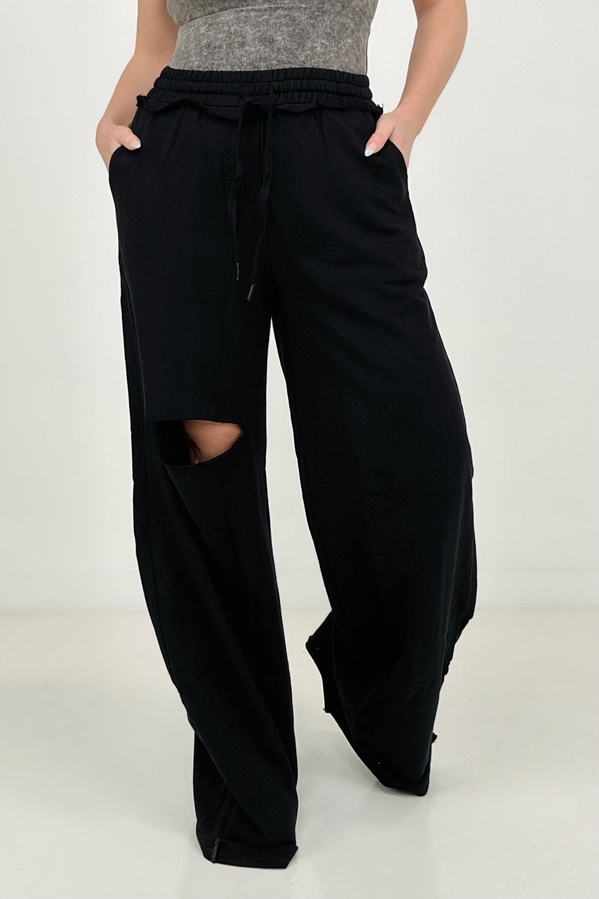 Zenana French Terry Laser Cut Pants With Pockets