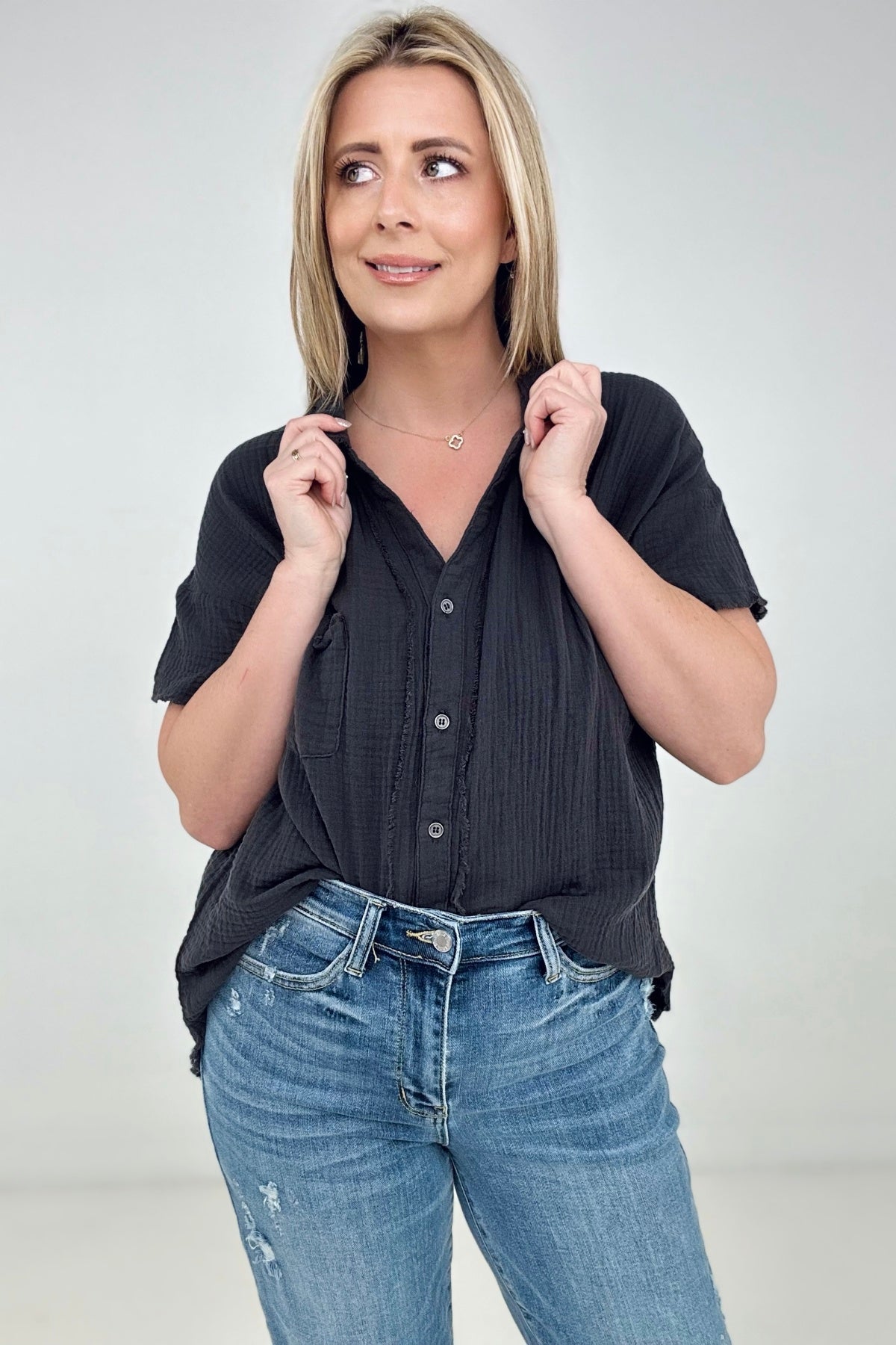 Zenana "April" Gauze Button Down Raw Edge Short Sleeve Top