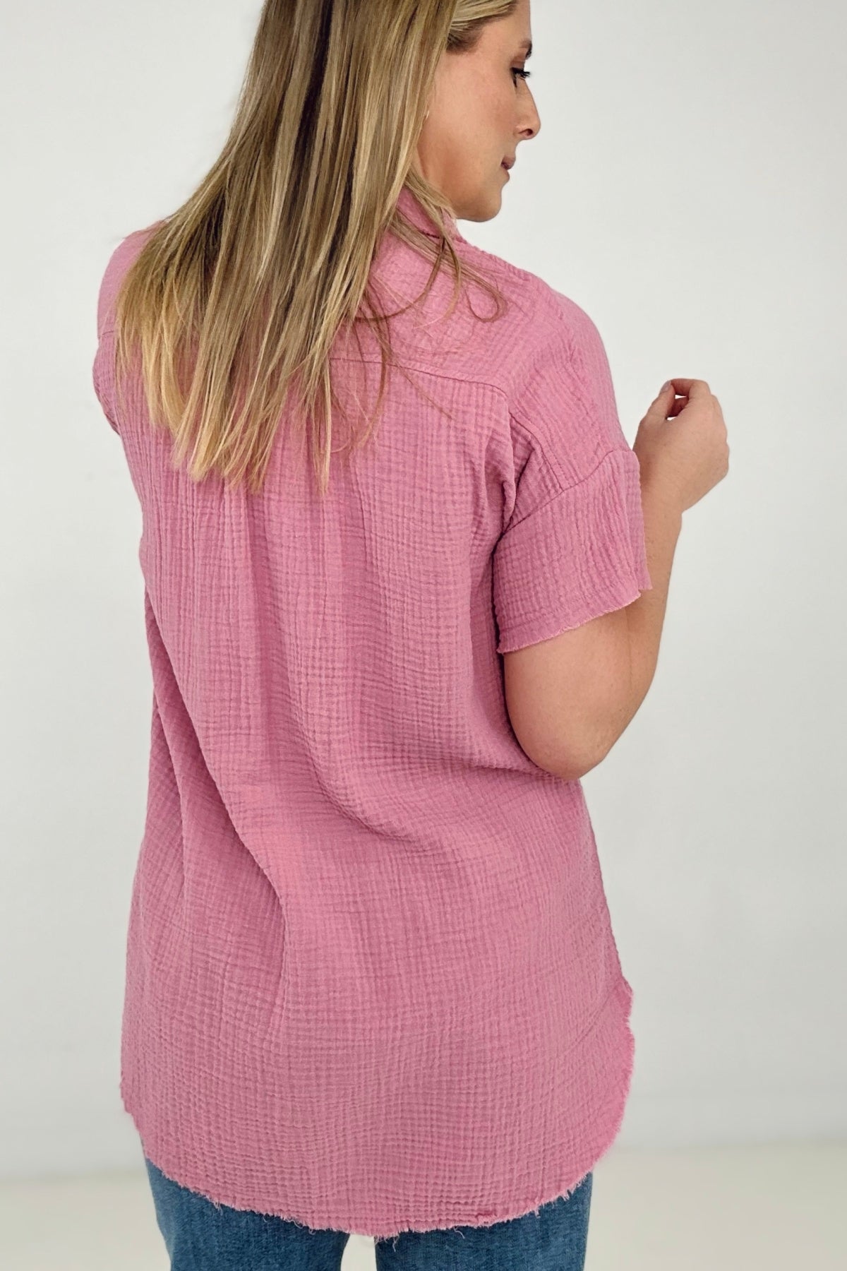 Zenana "April" Gauze Button Down Raw Edge Short Sleeve Top