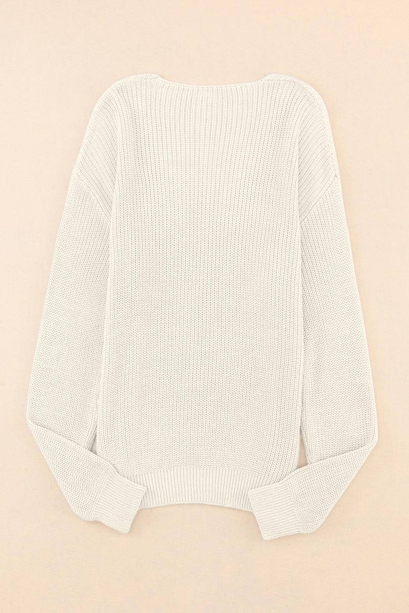 Ribbed Knit V Neck Long Sleeve Sweater