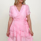 Faux Wrap V-Neck Tie Waist Tiered Mini Dress