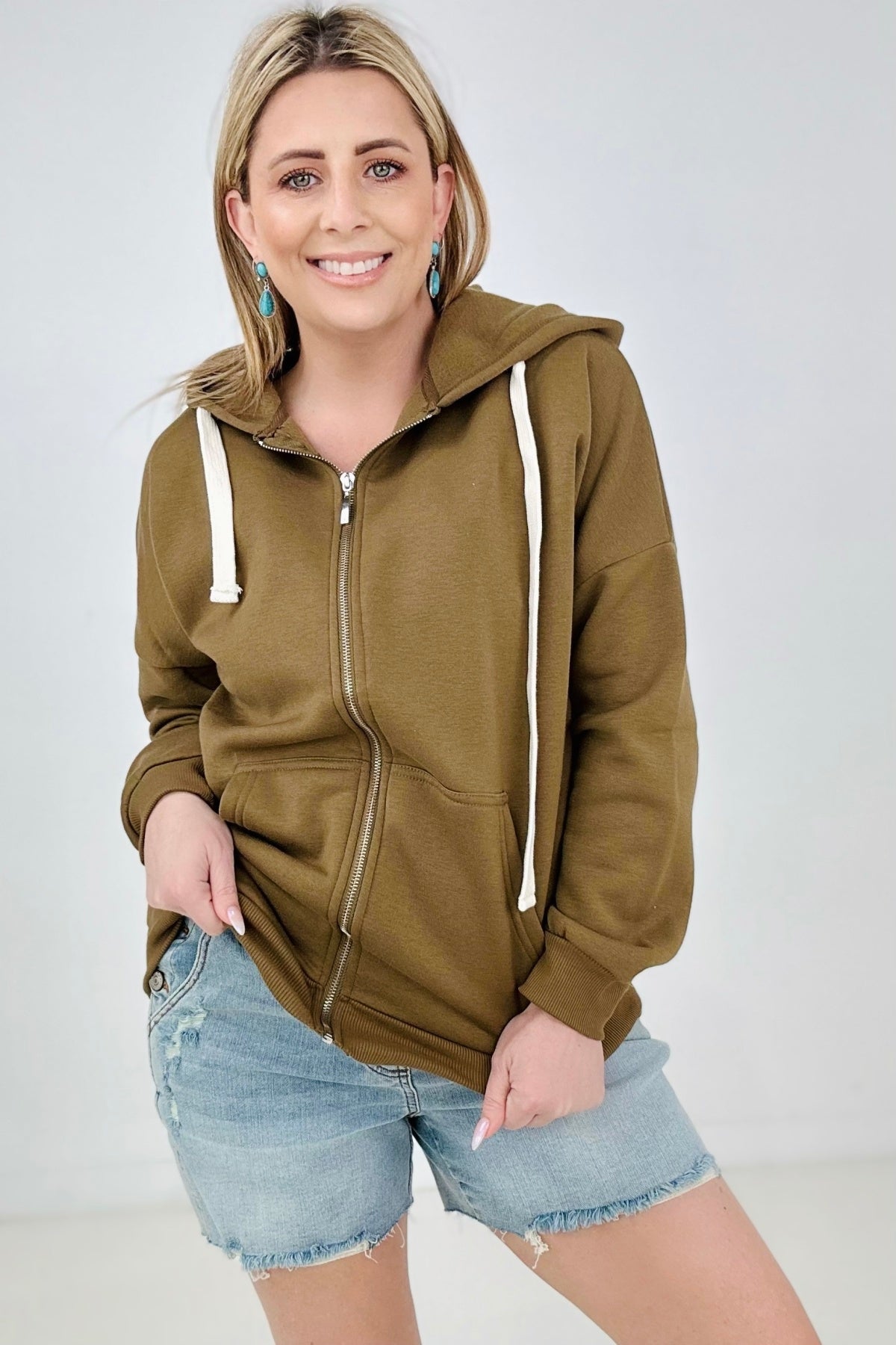 Zenana Solid Zipper Up Hoodie