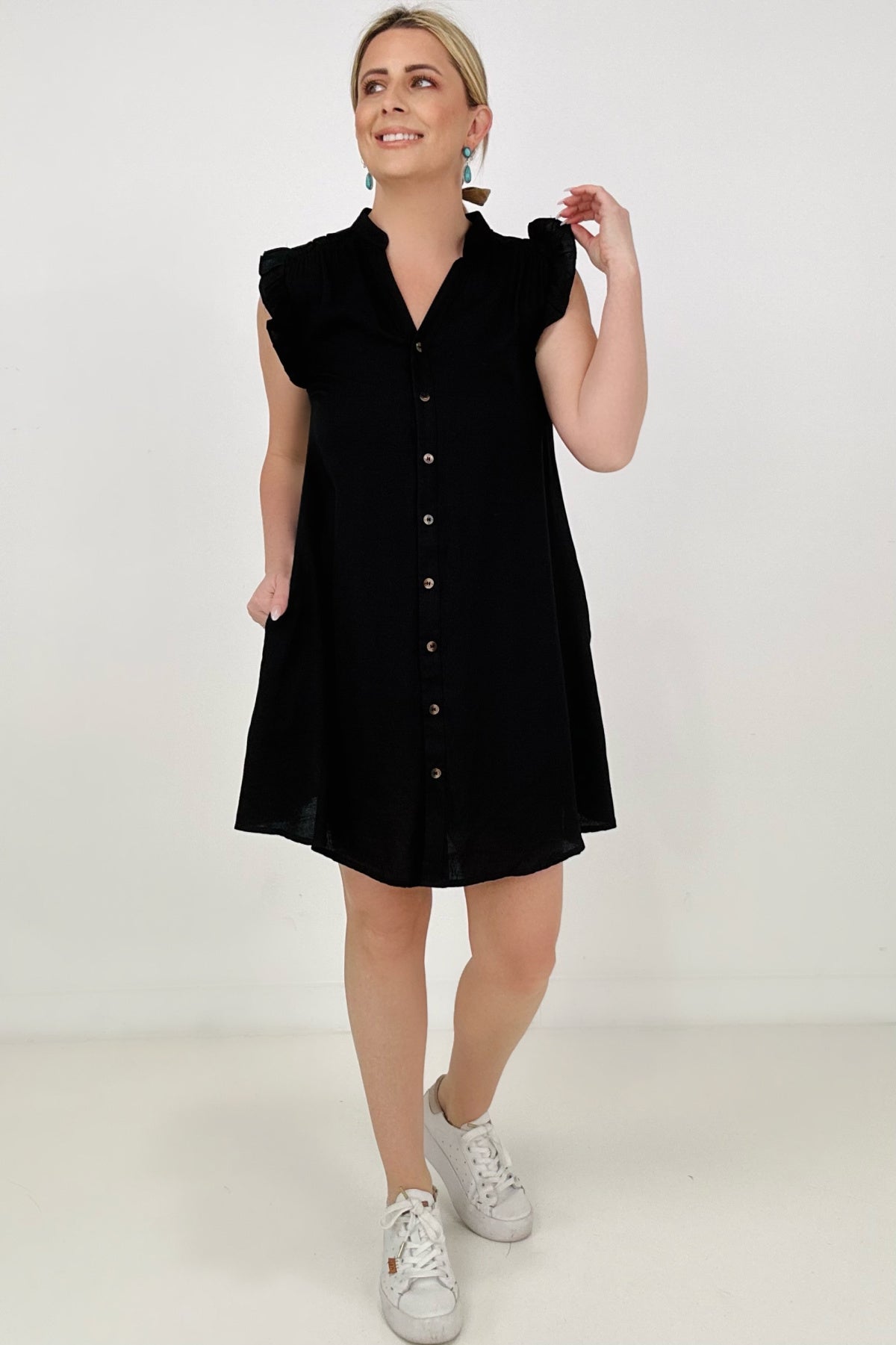 Cozy Co Refreshing V-Neck Button Down Mini Dress with Ruffle Sleeves