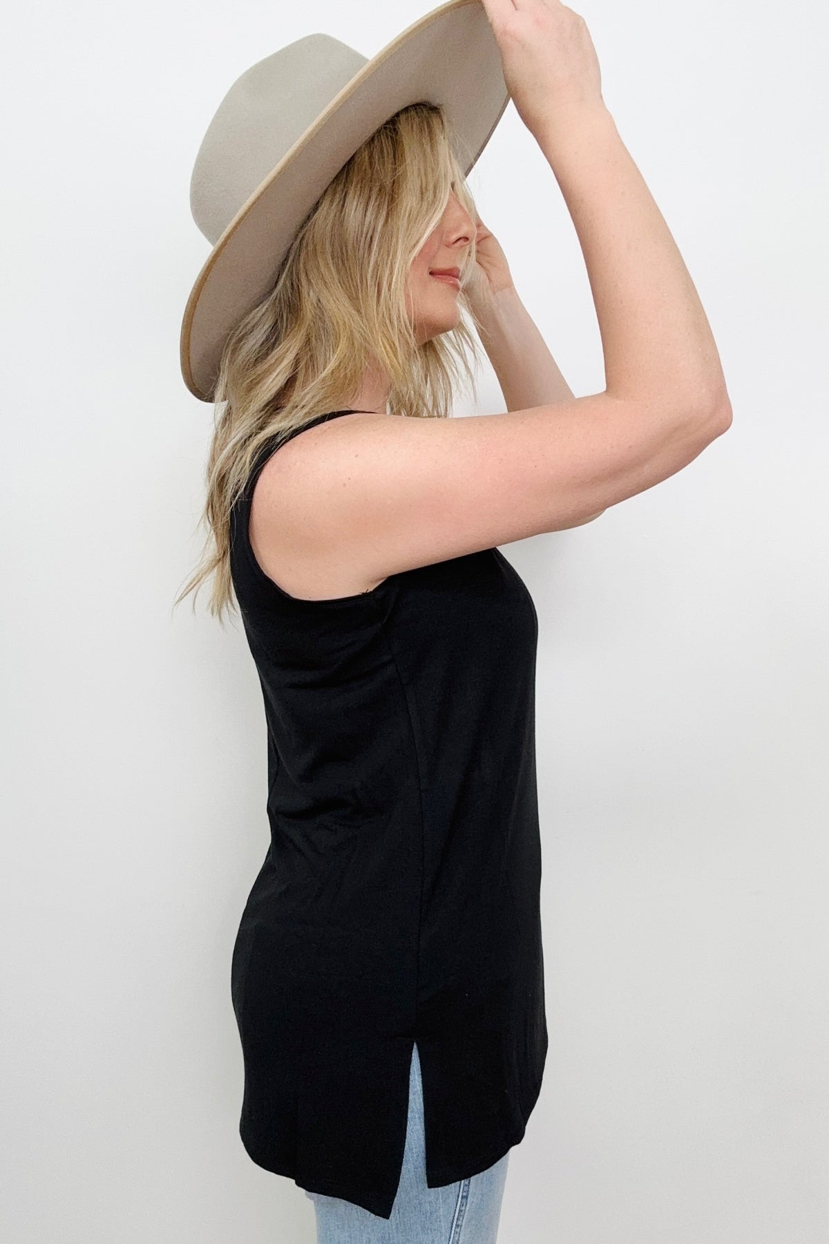 Zenana Solid Round Neck Sleeveless Side Slit Top