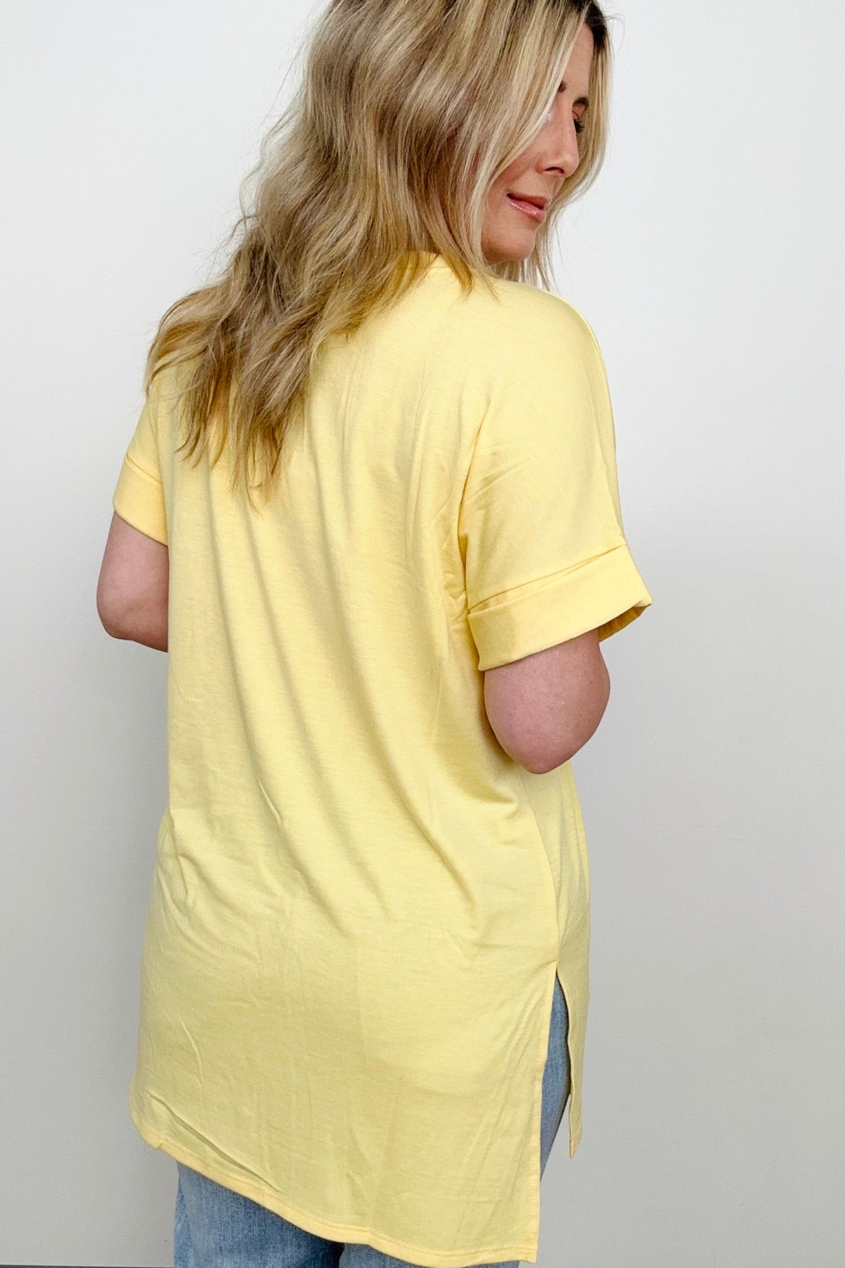 Zenana Cuffed Sleeve Side Slit High-Low Hem T-Shirt