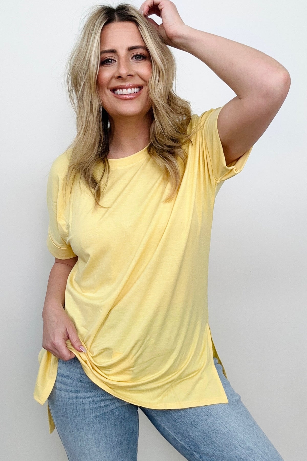 Zenana Cuffed Sleeve Side Slit High-Low Hem T-Shirt