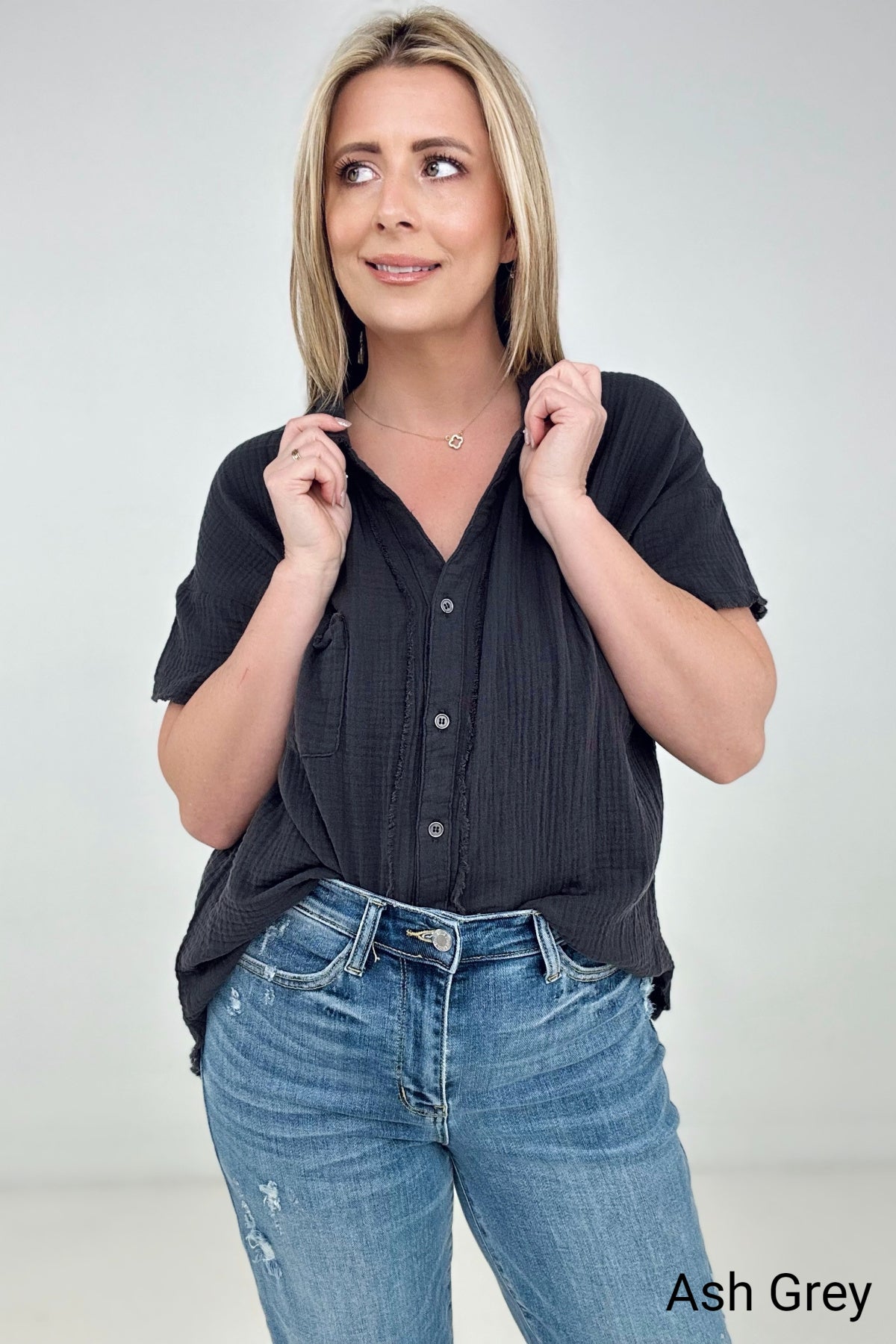 Zenana "April" Gauze Button Down Raw Edge Short Sleeve Top