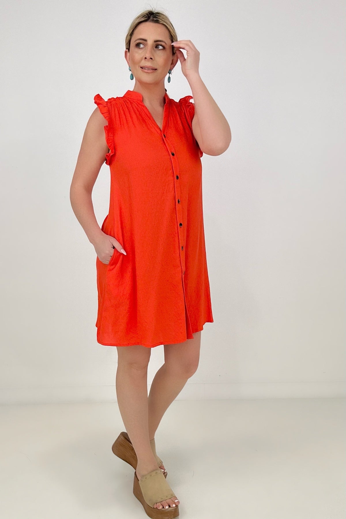 Cozy Co Refreshing V-Neck Button Down Mini Dress with Ruffle Sleeves