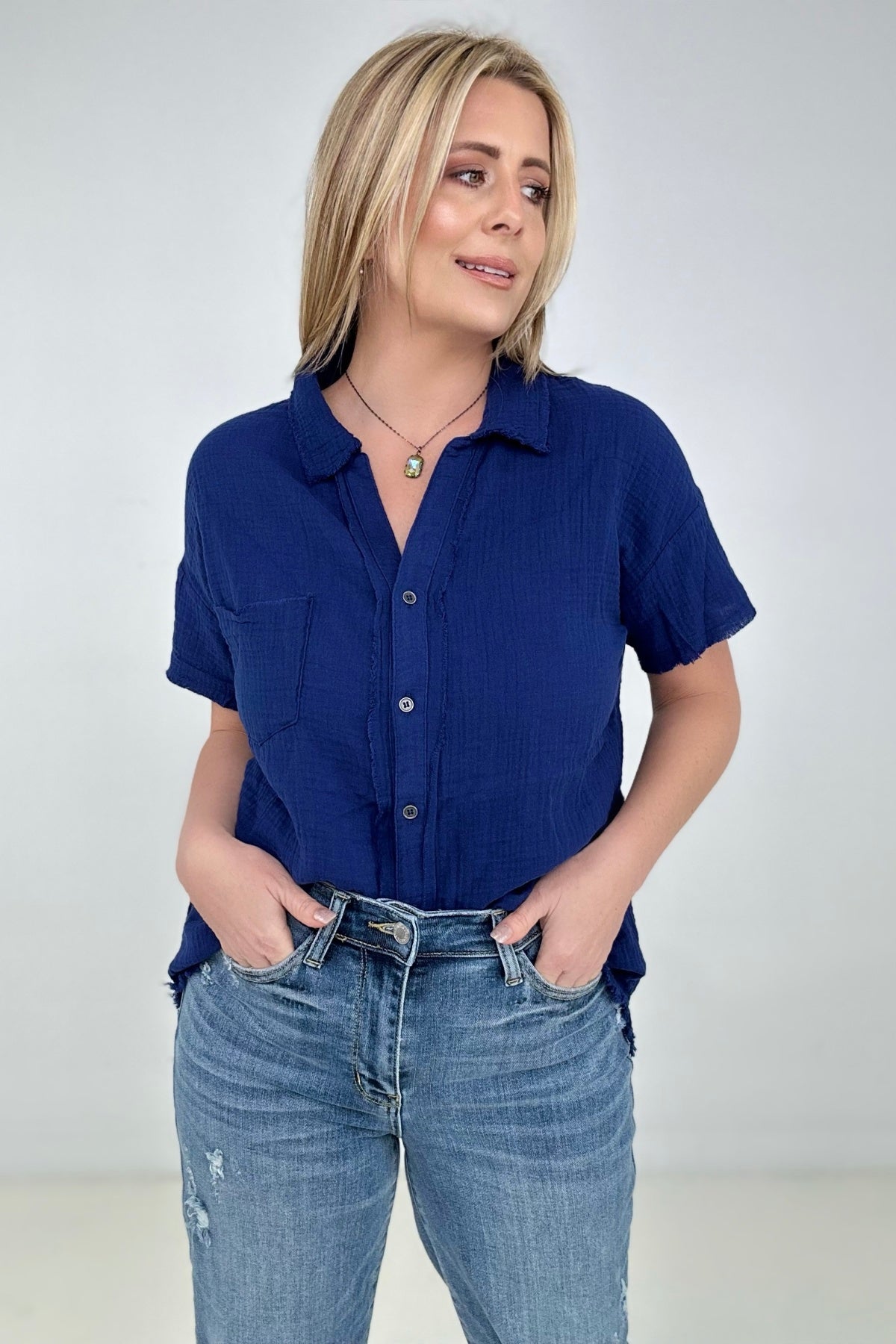 Zenana "April" Gauze Button Down Raw Edge Short Sleeve Top