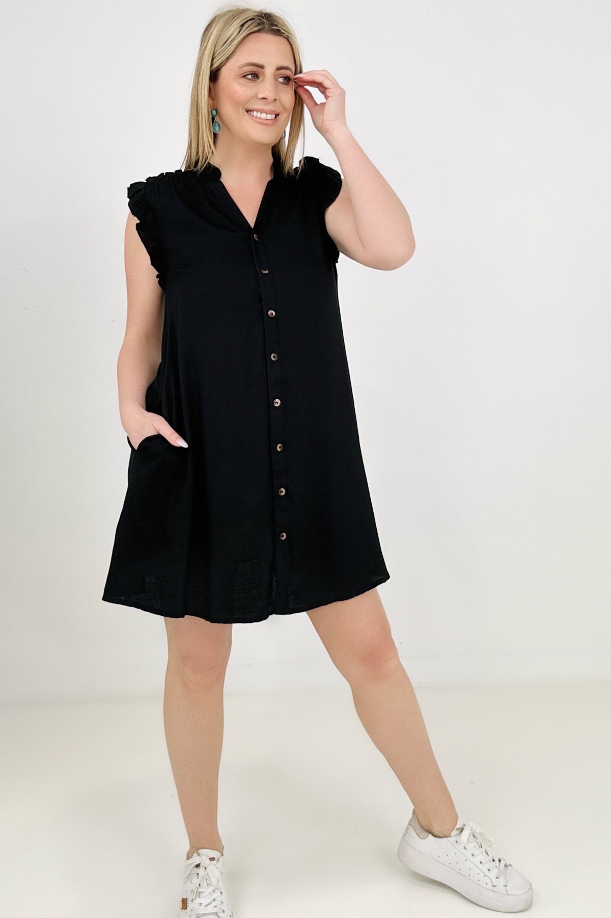 Cozy Co Refreshing V-Neck Button Down Mini Dress with Ruffle Sleeves