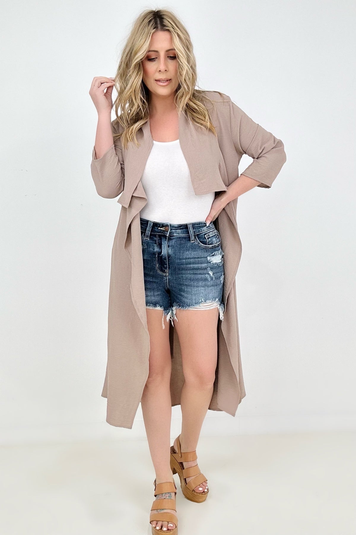 Jade By Jane Draped Front Long Body Jacket