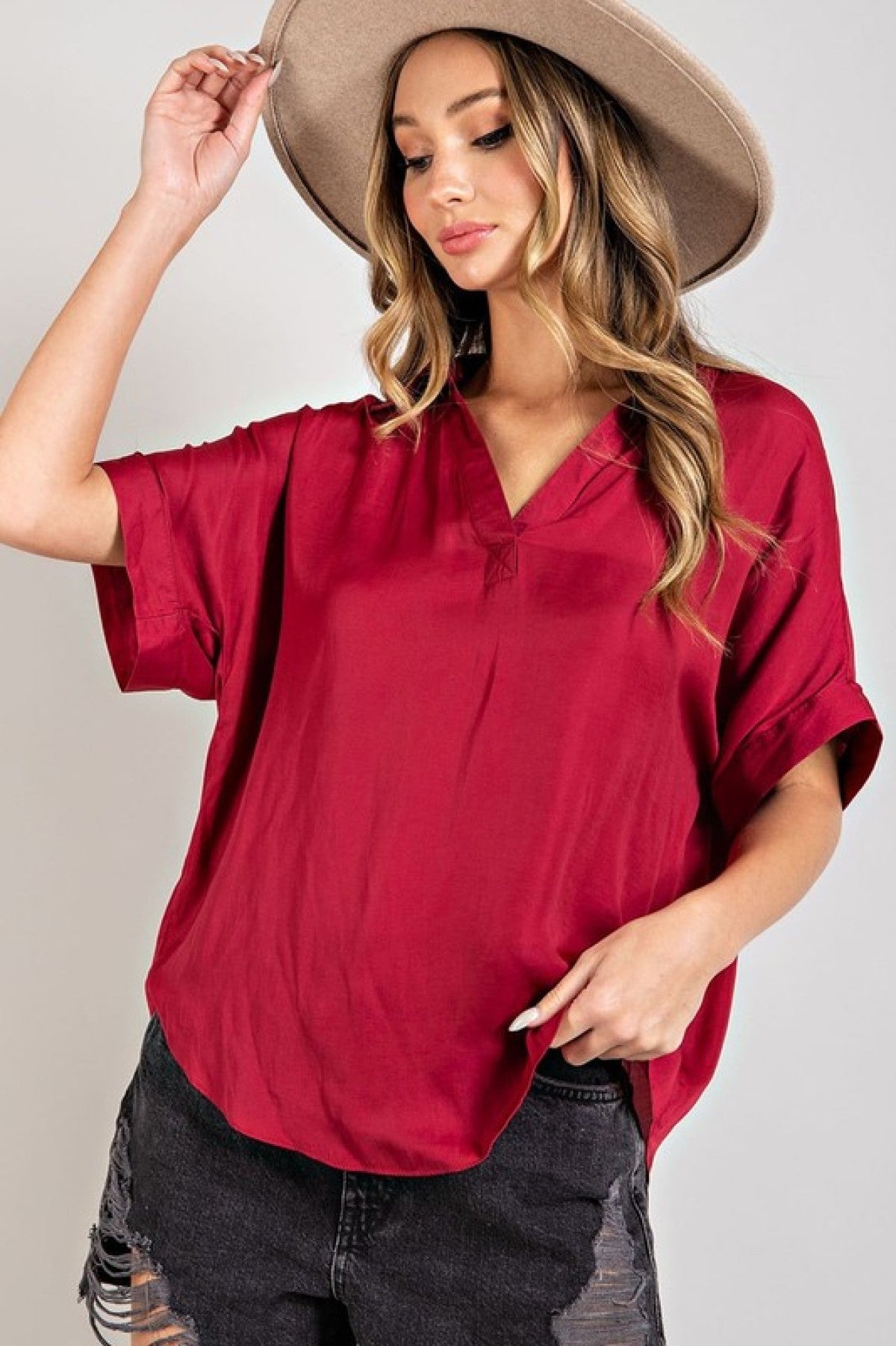 Ee:some V-Neck Short Sleeve Blouse Top