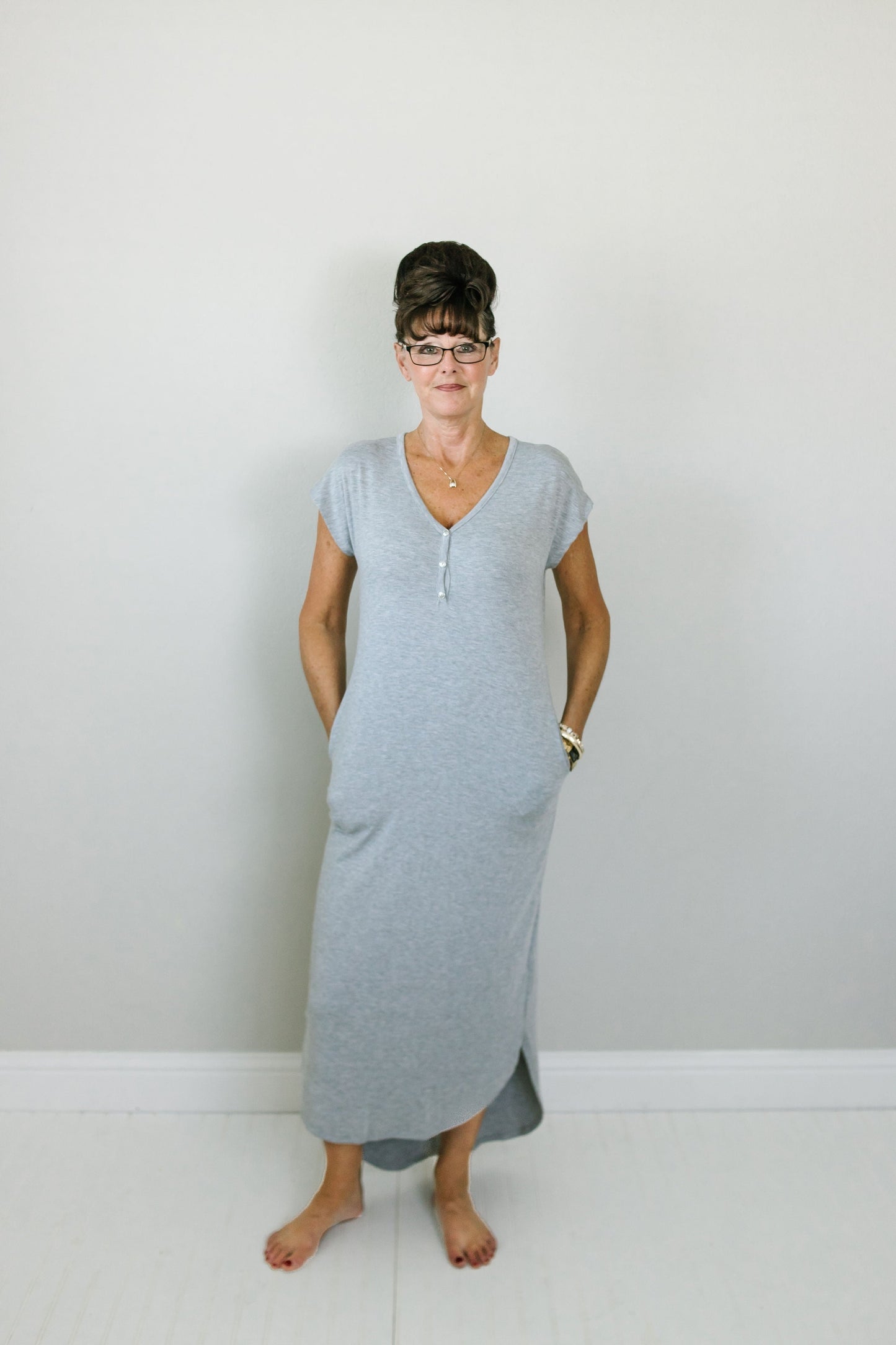 Solid short sleeve V neck Oversized maxi dress