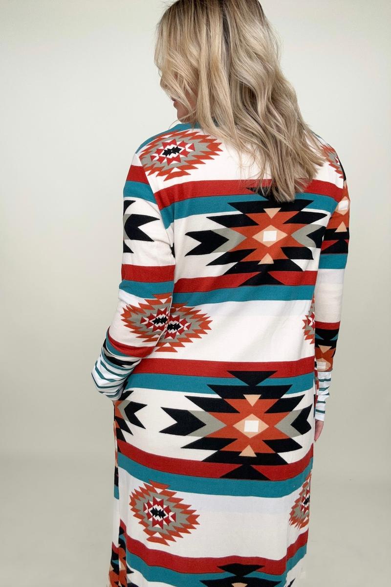 Multicolor Geometric Color Block Long Cardigan