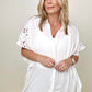 Davi & Dani Solid Button Down Short Sleeve Hi-Low Lace Loose Top