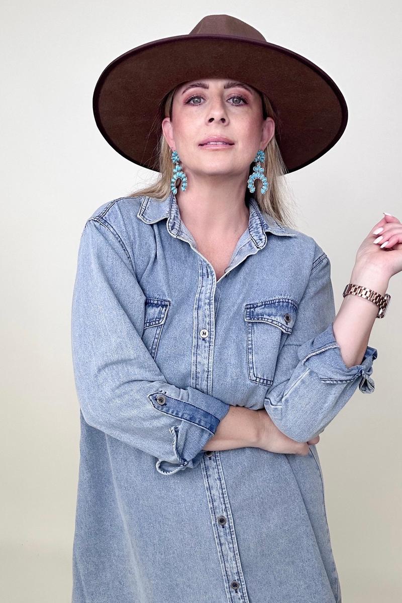 Umgee Chest Pockets Collar Button Down Denim Dress