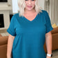V-Neck Cuffed Sleeve Hi-Low Hem Top in Teal
